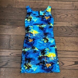 Vintage Hawaiian Floral Beach Print Square Neck Sleeveless Sheath Dress